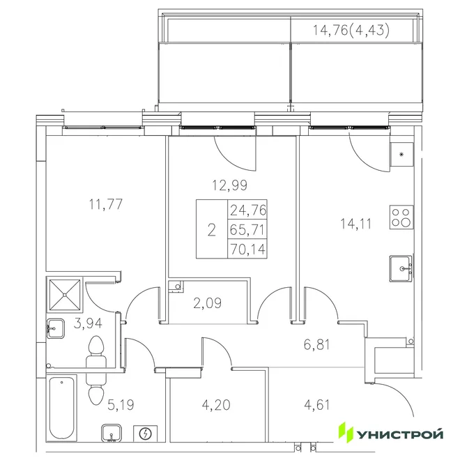 Планировка 2-комн. квартира, 70.14 м² ЖК «Statum» Планировка 2-комн. квартира, 70.14 м² ЖК «Statum»