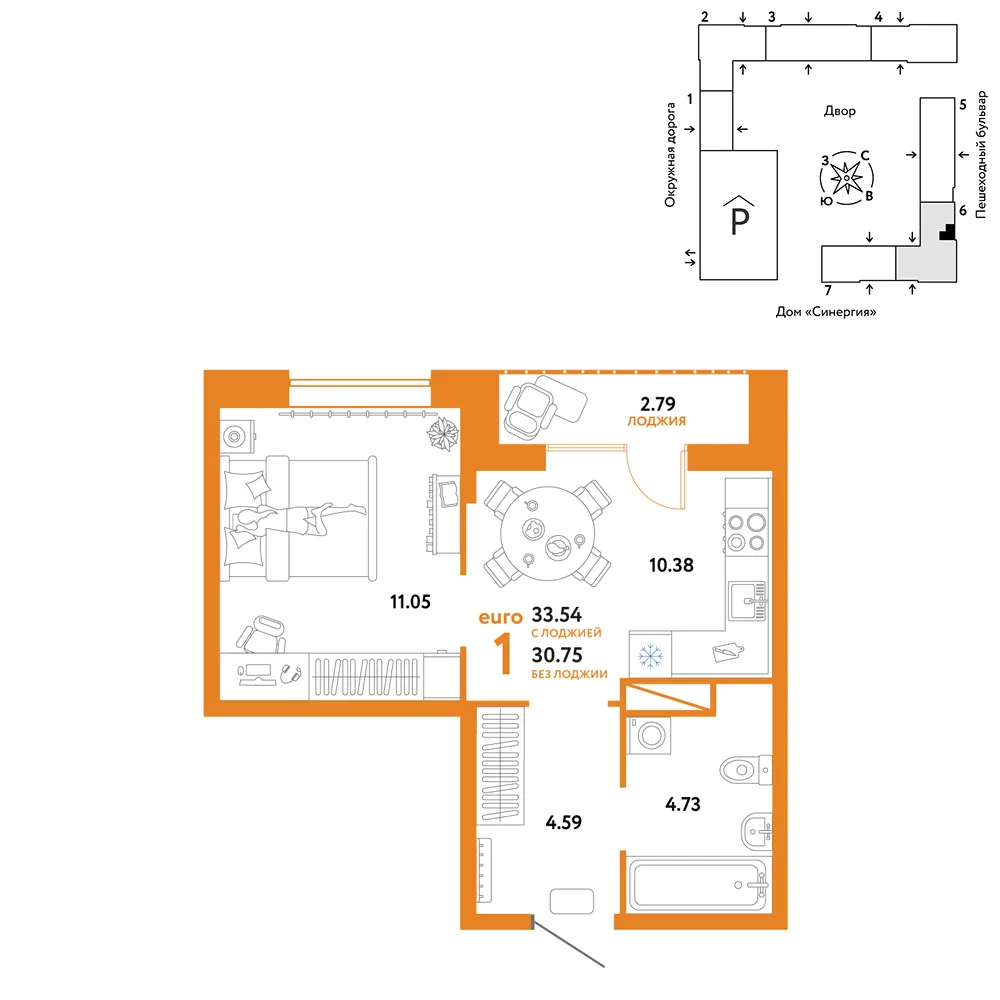 Планировка 1-комн. квартира, 33.54 м² ЖК «Юнион»