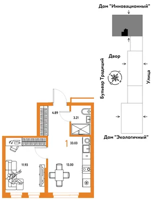 Планировка 1-комн. квартира, 33.03 м² ЖК «Микрорайон Домашний»