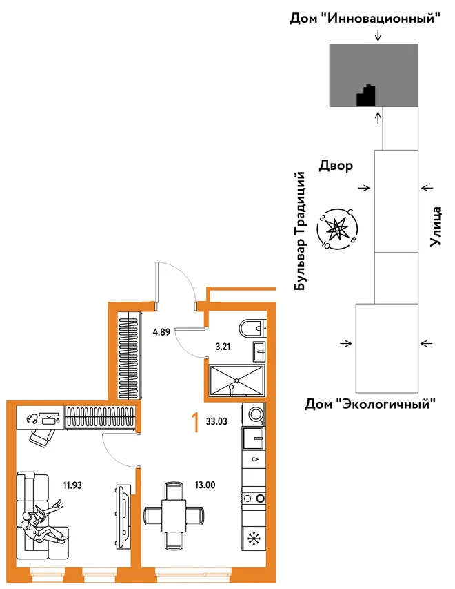 Планировка 1-комн. квартира, 33.03 м² ЖК «Микрорайон Домашний» Планировка 1-комн. квартира, 33.03 м² ЖК «Микрорайон Домашний»