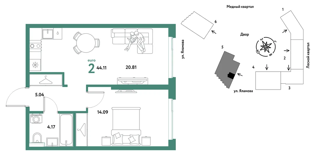 Планировка 2-комн. квартира, 44.11 м² ЖК «Сибирский сад»