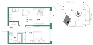 Планировка 2-комн. квартира, 44.11 м² ЖК «Сибирский сад»