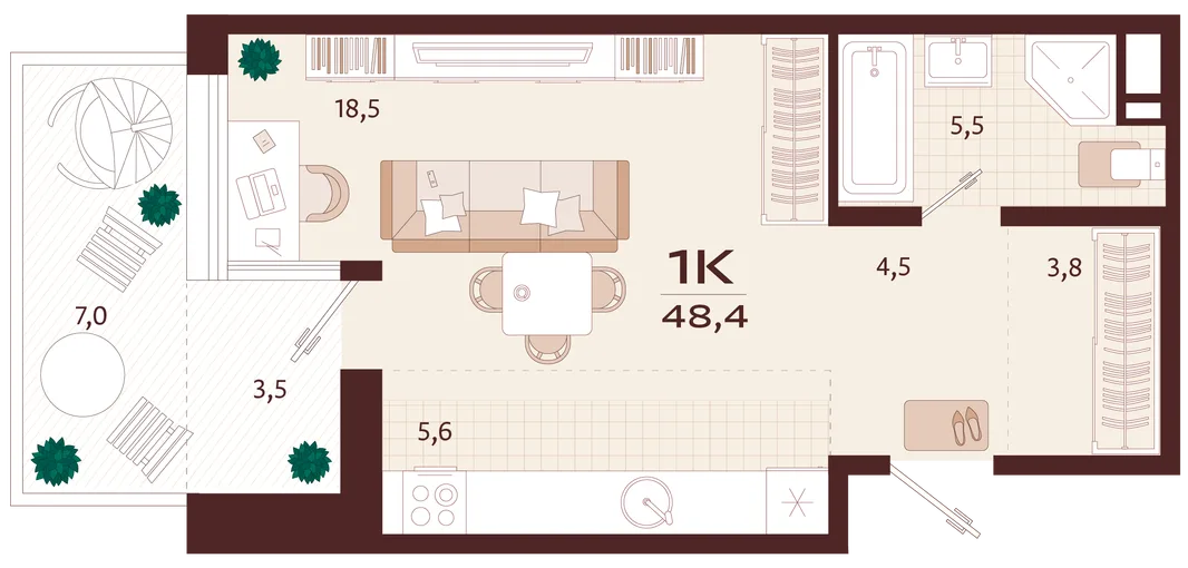 Планировка 1-комн. квартира, 48.4 м² ЖК «Роялта»