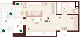 Планировка 1-комн. квартира, 48.4 м² ЖК «Роялта»