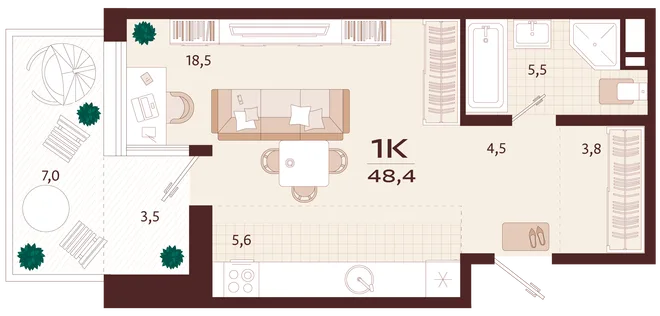 Планировка 1-комн. квартира, 48.4 м² ЖК «Роялта» Планировка 1-комн. квартира, 48.4 м² ЖК «Роялта»