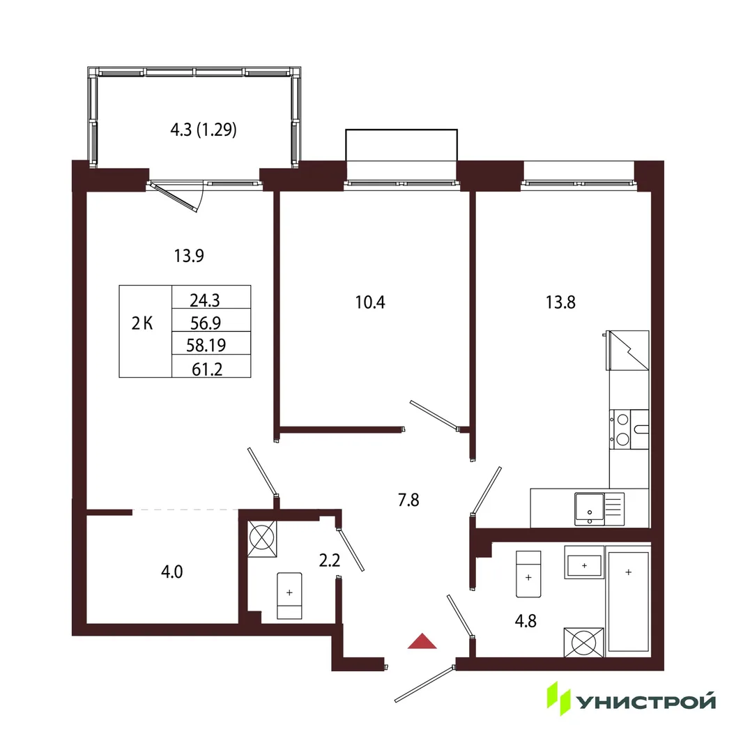 Планировка 2-комн. квартира, 58.19 м² ЖК «Лисино»