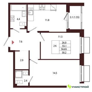 Планировка 2-комн. квартира, 56.65 м² ЖК «Лисино»
