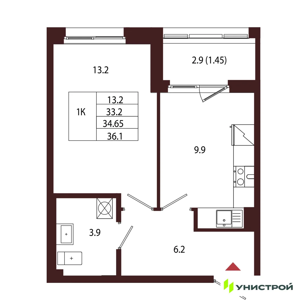 Планировка 1-комн. квартира, 34.65 м² ЖК «Лисино»