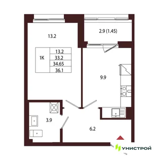 Планировка 1-комн. квартира, 34.65 м² ЖК «Лисино»