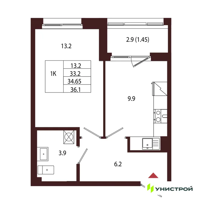 Планировка 1-комн. квартира, 34.65 м² ЖК «Лисино»