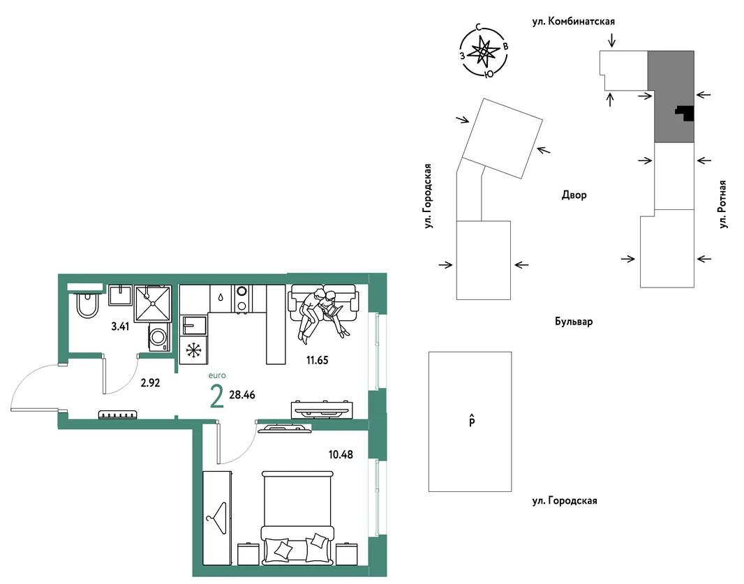 Планировка 2-комн. квартира, 28.46 м² ЖК «Уральский сад»