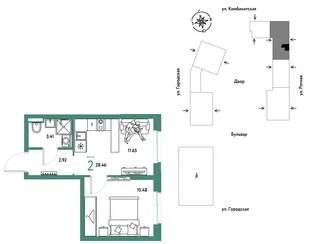 Планировка 2-комн. квартира, 28.46 м² ЖК «Уральский сад»