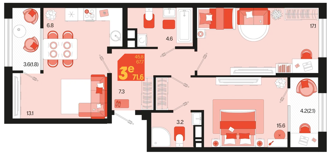 Планировка 3-комн. квартира, 75.5 м² ЖК «Первое место»