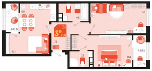 Планировка 3-комн. квартира, 75.5 м² ЖК «Первое место»