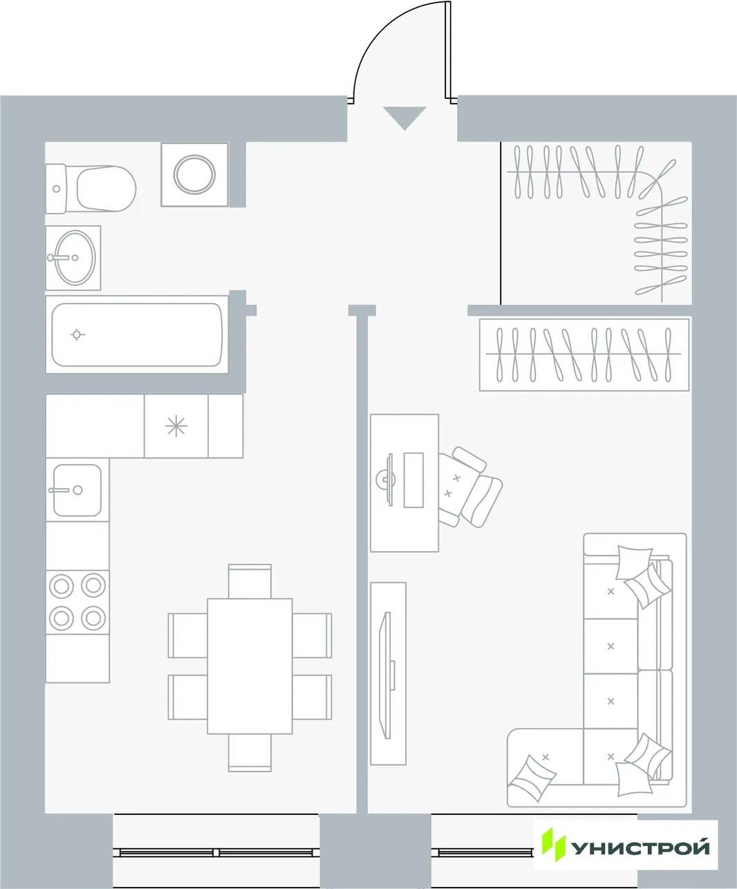 Планировка 1-комн. квартира, 37.13 м² ЖК «Причал»