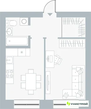 Планировка 1-комн. квартира, 37.13 м² ЖК «Причал»