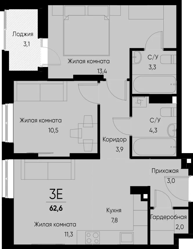 Планировка 3-комн. квартира, 62.5 м² ЖК «Васильевский остров»