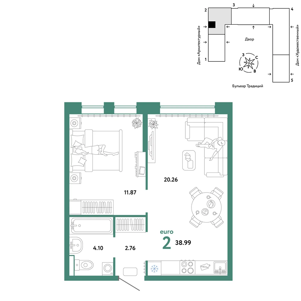 Планировка 2-комн. квартира, 38.99 м² ЖК «Микрорайон Домашний»