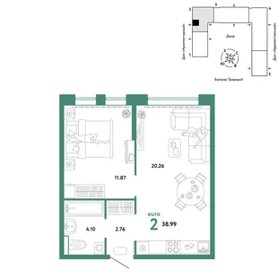 Планировка 2-комн. квартира, 38.99 м² ЖК «Микрорайон Домашний»