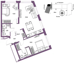 Планировка 3-комн. квартира, 65.47 м² ЖК «Авторский»
