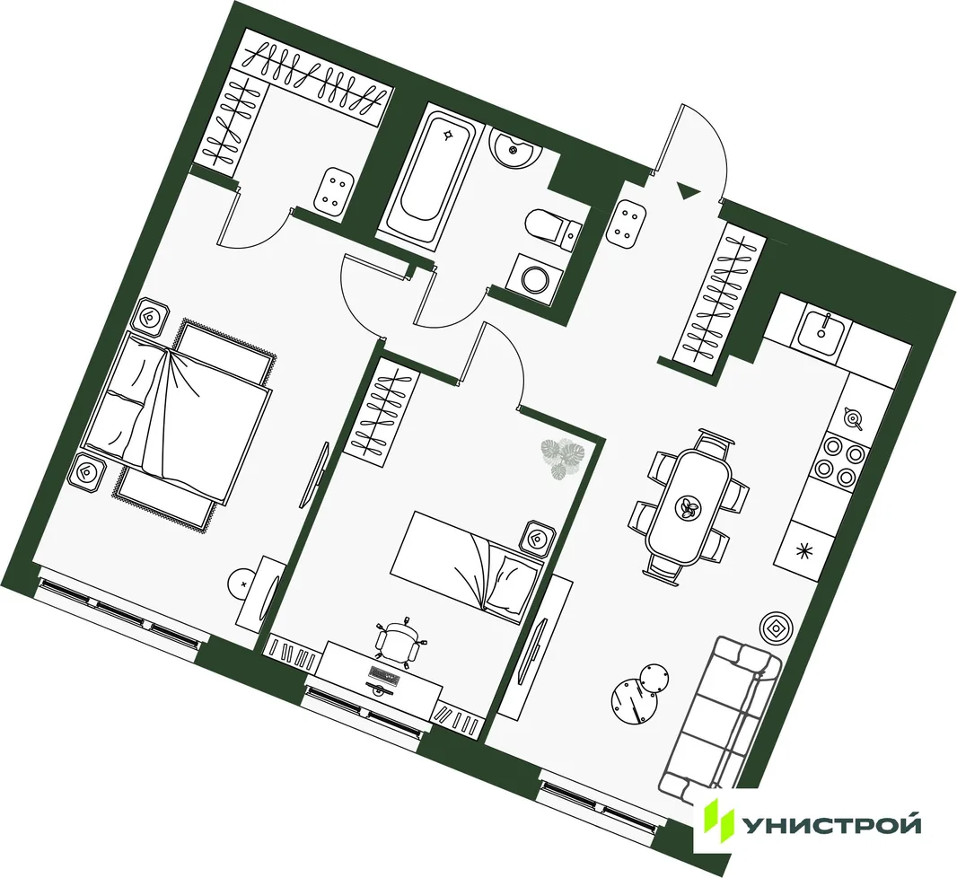 Планировка 2-комн. квартира, 61.59 м² ЖК «Парковый квартал 2.0»
