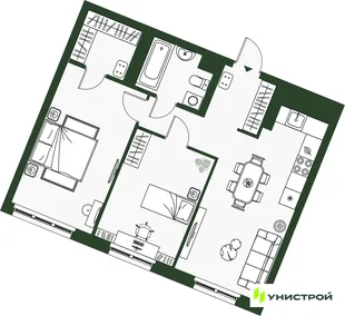 Планировка 2-комн. квартира, 61.59 м² ЖК «Парковый квартал 2.0»