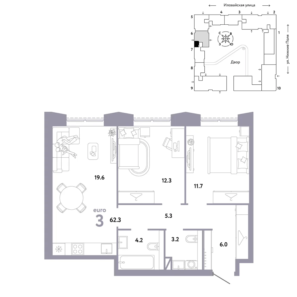 Планировка 3-комн. квартира, 62.3 м² ЖК «Страна.Заречная»