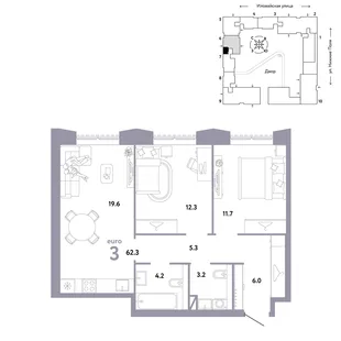 Планировка 3-комн. квартира, 62.3 м² ЖК «Страна.Заречная»