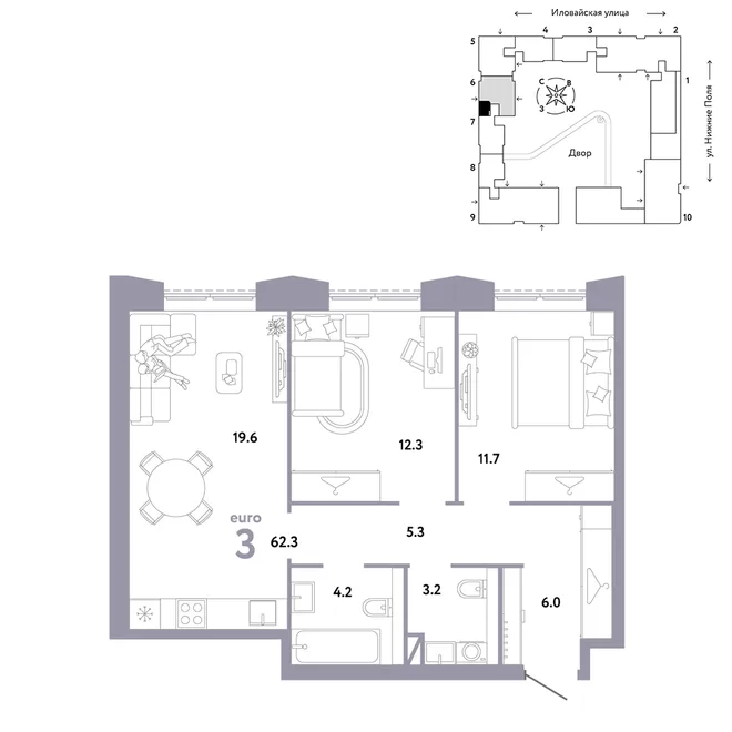 Планировка 3-комн. квартира, 62.3 м² ЖК «Страна.Заречная» Планировка 3-комн. квартира, 62.3 м² ЖК «Страна.Заречная»