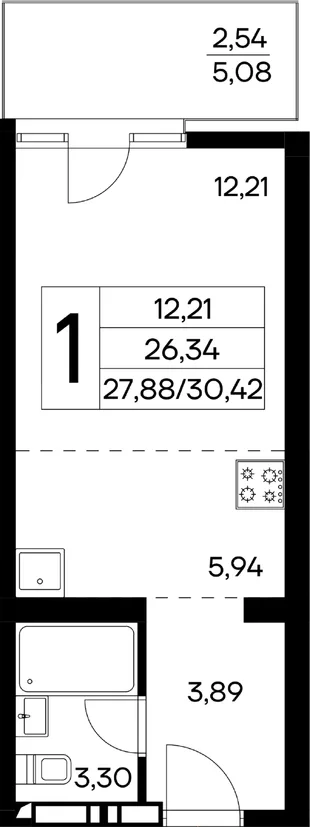 Планировка 1-комн. квартира, 30.42 м² ЖК «Лучистое»