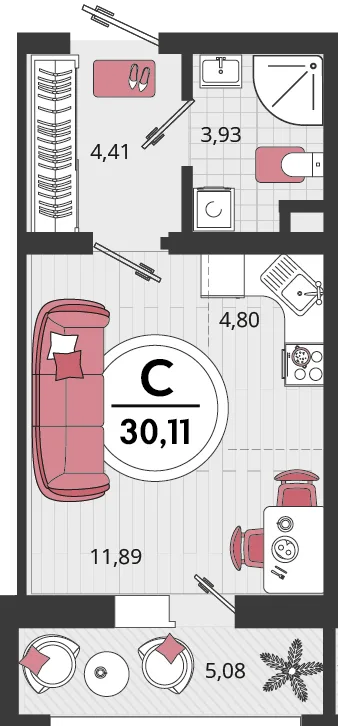 Планировка 1-комн. квартира, 30.11 м² ЖК «Родные просторы»