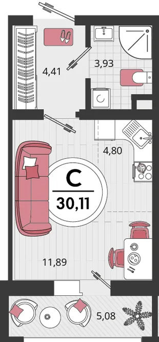 Планировка 1-комн. квартира, 30.11 м² ЖК «Родные просторы»