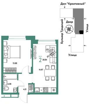 Планировка 2-комн. квартира, 38.84 м² ЖК «Микрорайон Домашний»