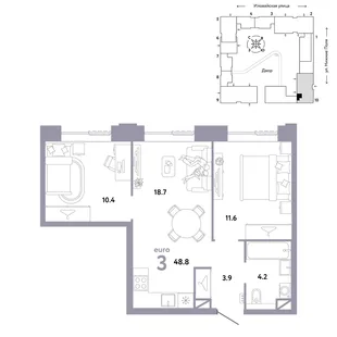 Планировка 3-комн. квартира, 48.8 м² ЖК «Страна.Заречная»