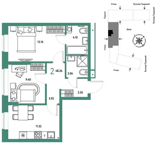 Планировка 2-комн. квартира, 48.26 м² ЖК «Микрорайон Домашний»