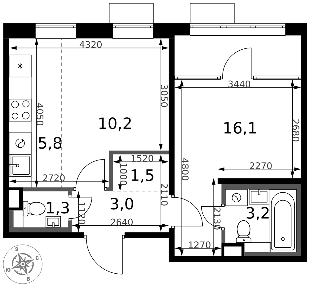 Планировка 2-комн. квартира, 41.1 м² ЖК «1-й Химкинский»