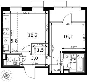 Планировка 2-комн. квартира, 41.1 м² ЖК «1-й Химкинский»