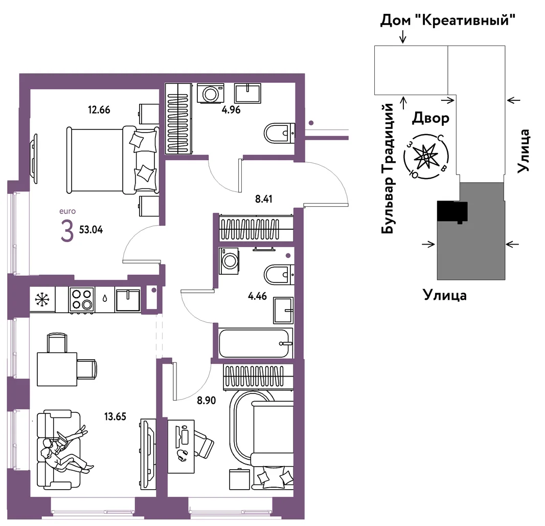 Планировка 3-комн. квартира, 53.04 м² ЖК «Микрорайон Домашний»