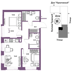 Планировка 3-комн. квартира, 53.04 м² ЖК «Микрорайон Домашний»