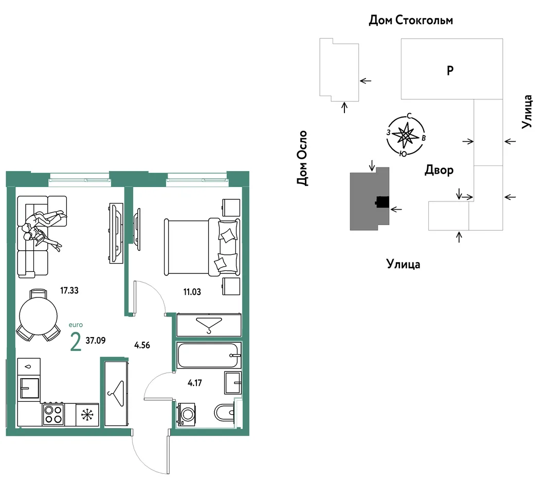 Планировка 2-комн. квартира, 37.09 м² ЖК «Европейский берег 2.0»