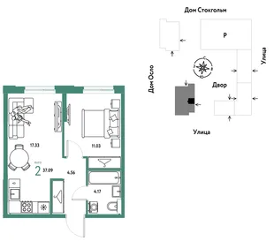 Планировка 2-комн. квартира, 37.09 м² ЖК «Европейский берег 2.0»