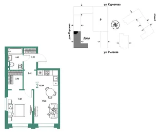 Планировка 2-комн. квартира, 45.64 м² ЖК «Остров-сад»
