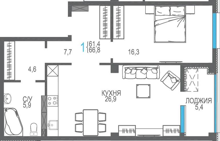 Планировка 1-комн. квартира, 66.8 м² ЖК «Доброгород»