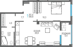 Планировка 1-комн. квартира, 66.8 м² ЖК «Доброгород»