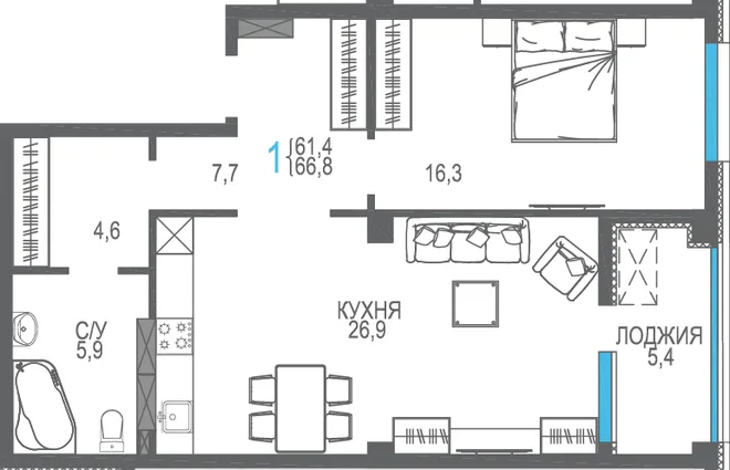 Планировка 1-комн. квартира, 66.8 м² ЖК «Доброгород»
