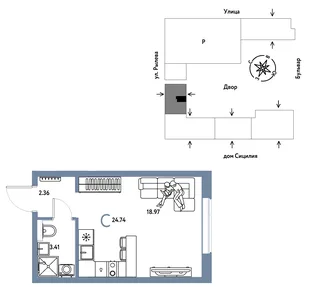 Планировка Студия, 24.74 м² ЖК «Остров-сад»