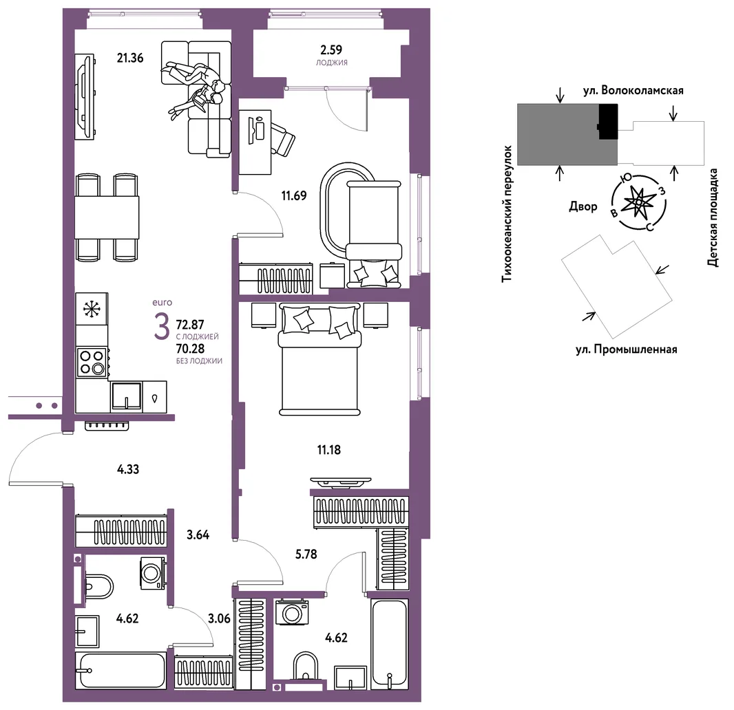 Планировка 3-комн. квартира, 72.87 м² ЖК «Страна Прибрежная»