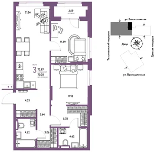 Планировка 3-комн. квартира, 72.87 м² ЖК «Страна Прибрежная»