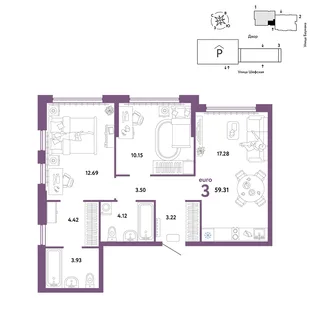 Планировка 3-комн. квартира, 59.31 м² ЖК «Страна.Энтузиастов»