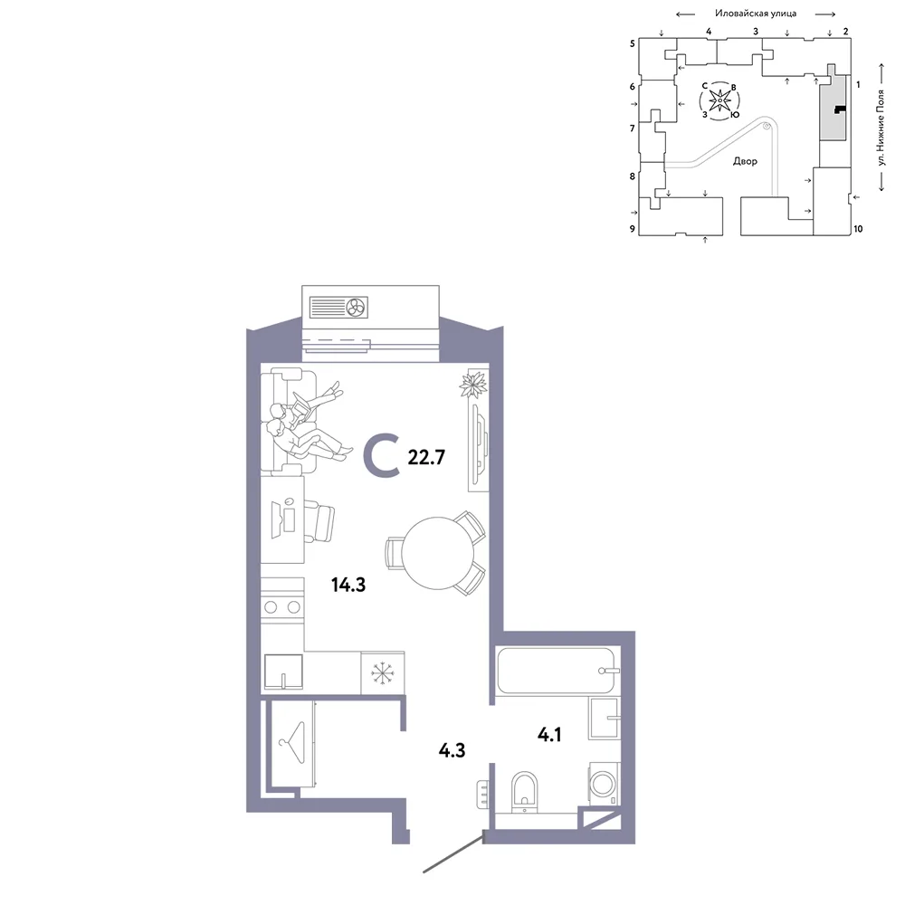 Планировка Студия, 22.7 м² ЖК «Страна.Заречная»